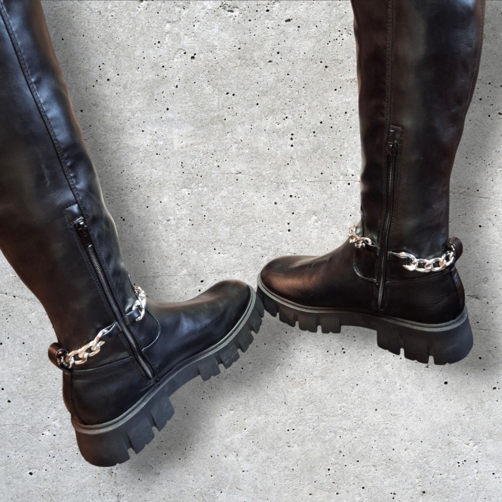 GBG Los Angeles Coen Thigh High With Chain Black Platform Boots Women Size 10 - Picture 11 of 16